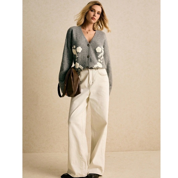 Gray Knit Oversized Cardigan White Floral Embroidery Button Down - Picture 6 of 10